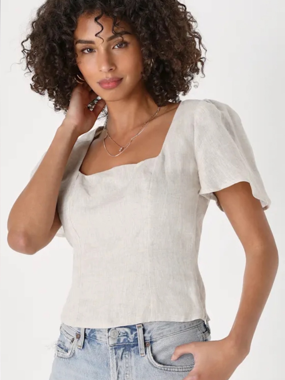 Lulus Cheerful Cutie Beige Linen Short Sleeve Top